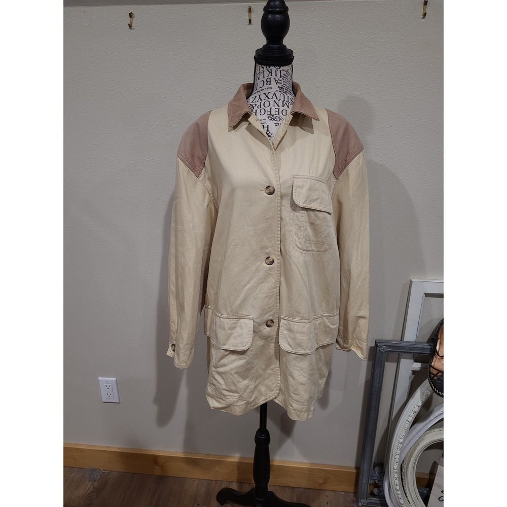 Vtg Sarah Chapman Women SZ M Tan Utility Barn Coat Jacket leather accents  chore